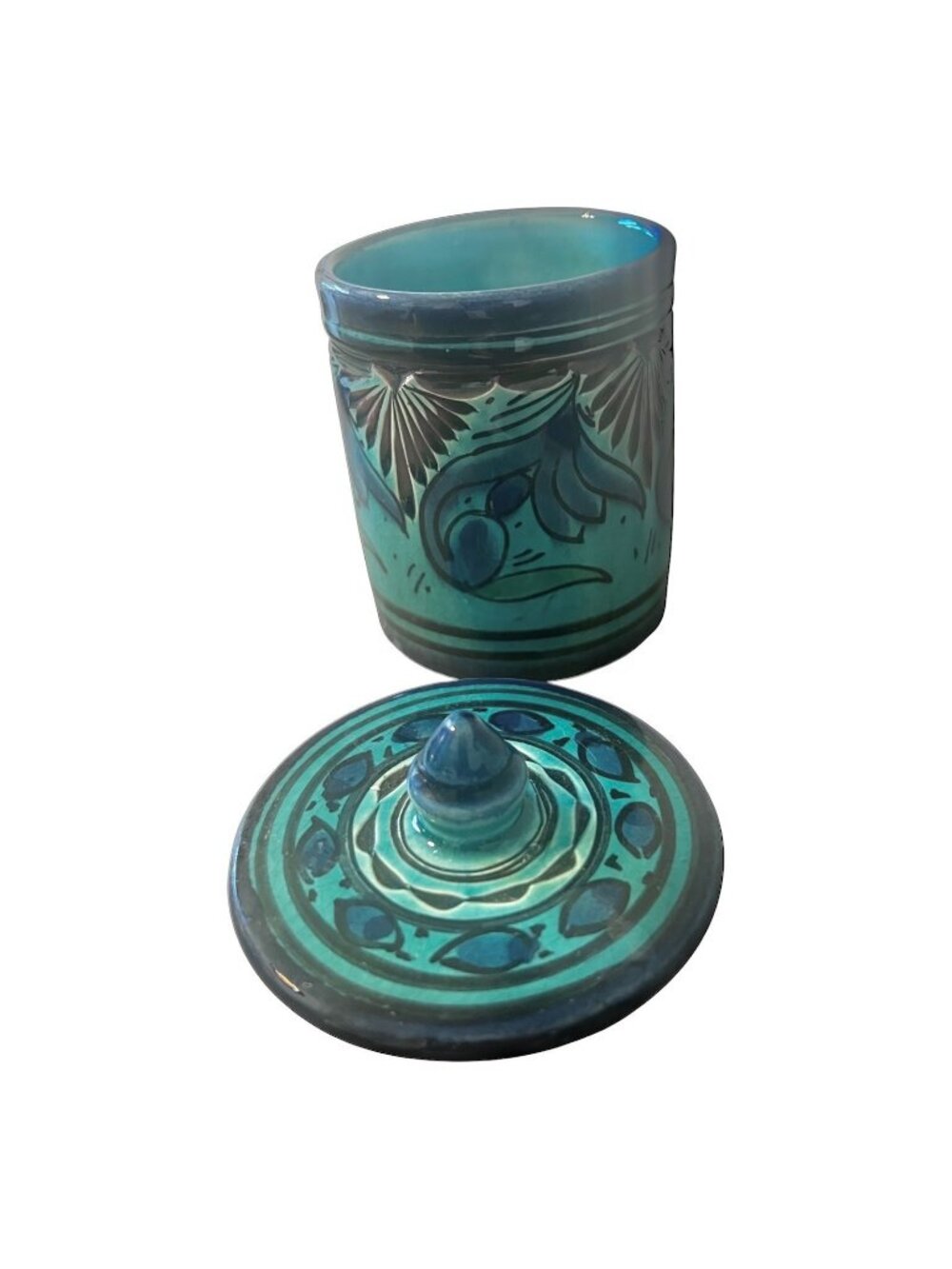 Lotfi Safi Moroccan Pottery Lidded Jar Turquoise Hand Painted Floral Decor